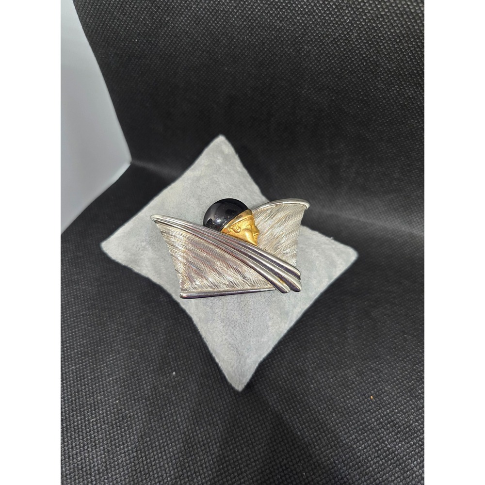 Vintage 1980s Art Deco Mixed Metal Enamaled Brooch Silver Gold Tone Pin
